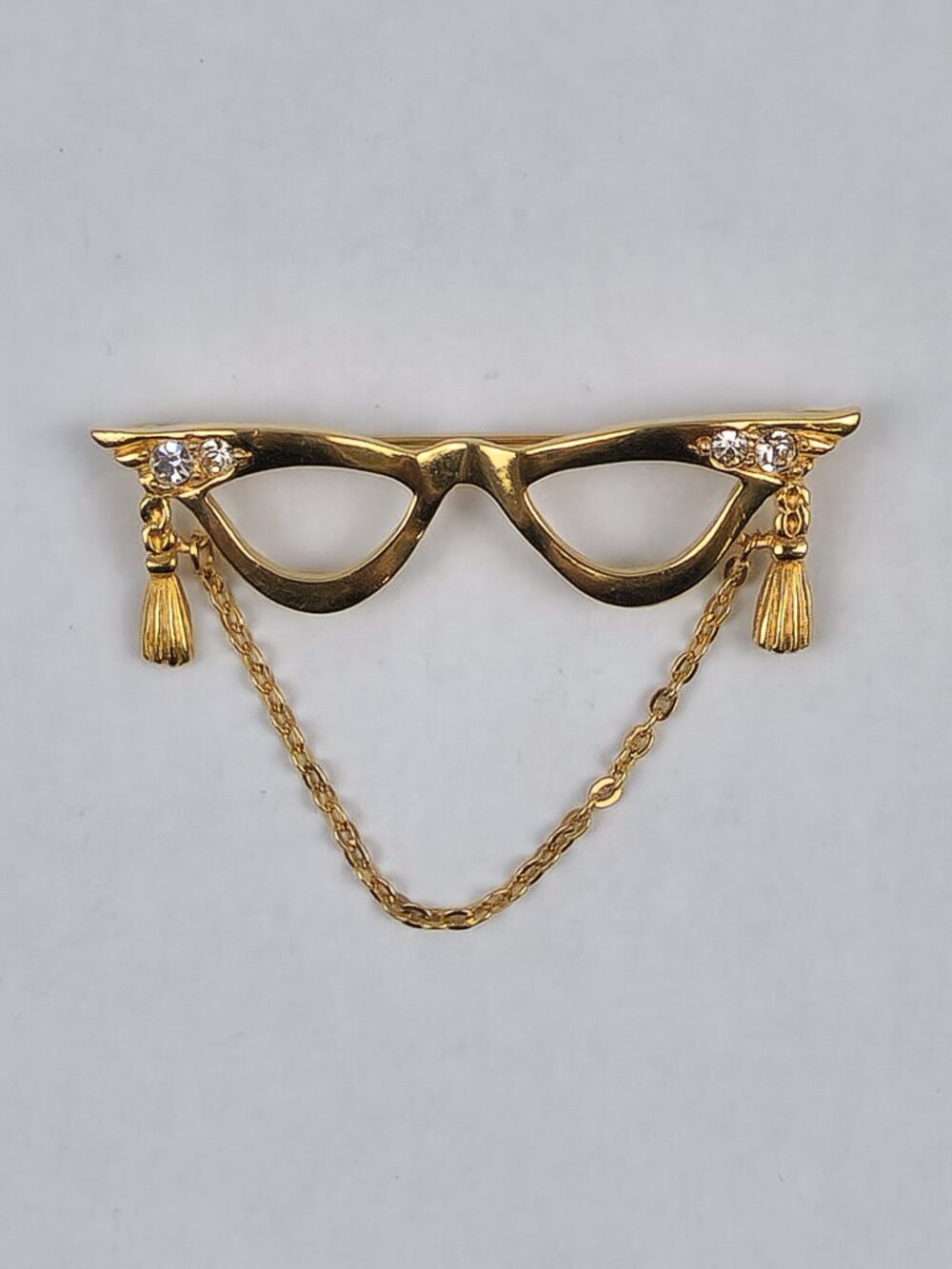 Vintage Avon Jewelry Eyeglasses w/ Chain Brooch Pin Gold Tone & Rhinestones
